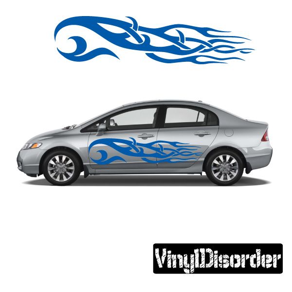Blue tribal flame vinyl car decal with swirling flame design