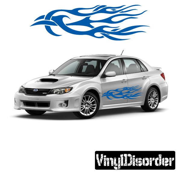 Tribal flames vinyl wall decal with blue flame stripe design on car door
