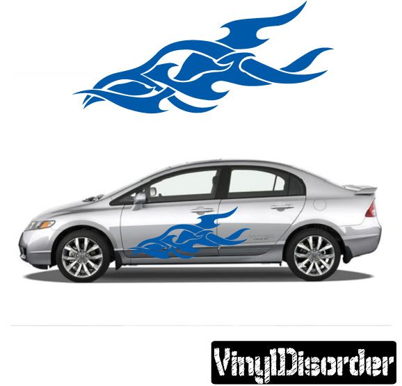 Tribal flame car vinyl decal with blue tribal flames on side of gray car