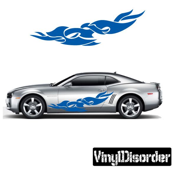 Tribal flames vinyl decal in blue, applied to a car door and hood