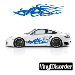 Blue tribal flames vinyl decal on white car door and hood