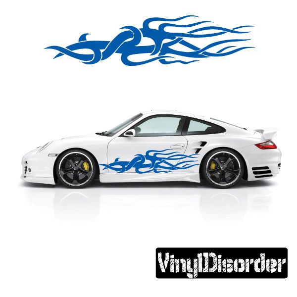 Blue tribal flames vinyl decal on white car door and hood