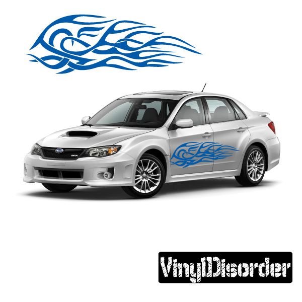 Blue tribal flame vinyl car decal with sweeping wave pattern for side doors