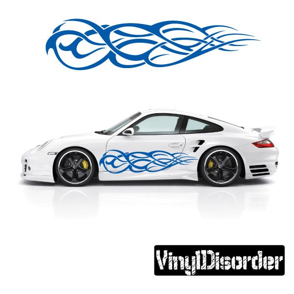 Blue tribal flame vinyl decal with swirl tribal pattern, for car body