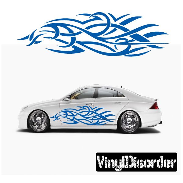 Blue tribal flame vinyl wall decal with sweeping banner design