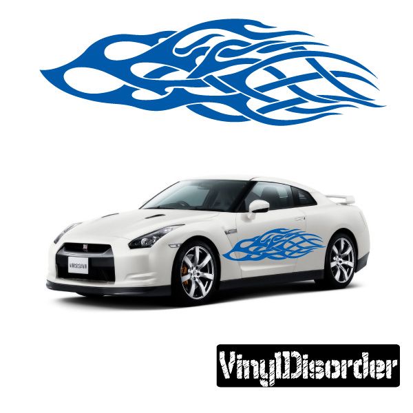 Tribal flames vinyl car decal, blue swirl flame pattern on white car door
