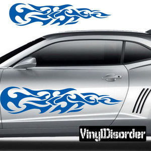 Tribal flame vinyl car decal with blue tribal flame graphic on car door