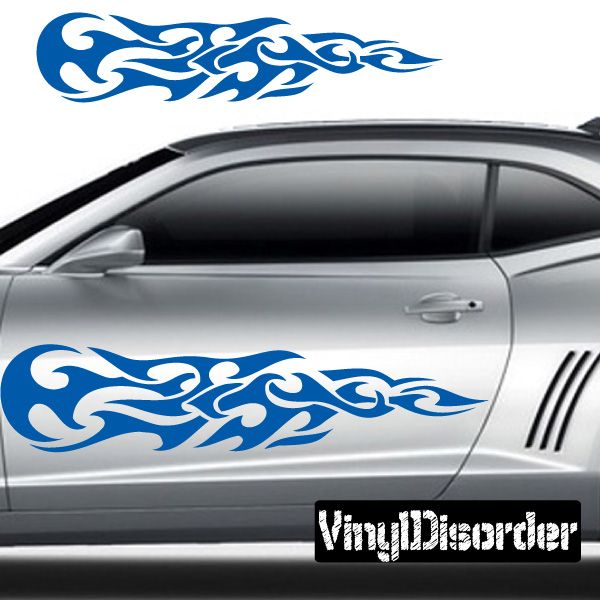Tribal flame vinyl car decal with blue tribal flame graphic on car door