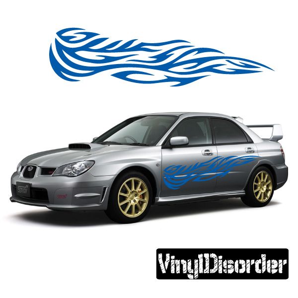 Blue tribal flame vinyl decal with white outline for cars and walls