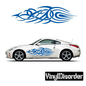 Blue tribal flames vinyl car decal with swirling pattern for doors and sides