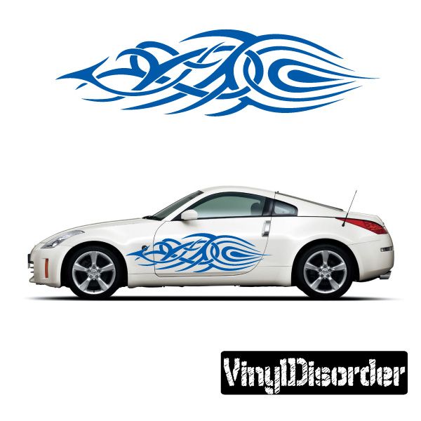 Blue tribal flames vinyl car decal with swirling pattern for doors and sides