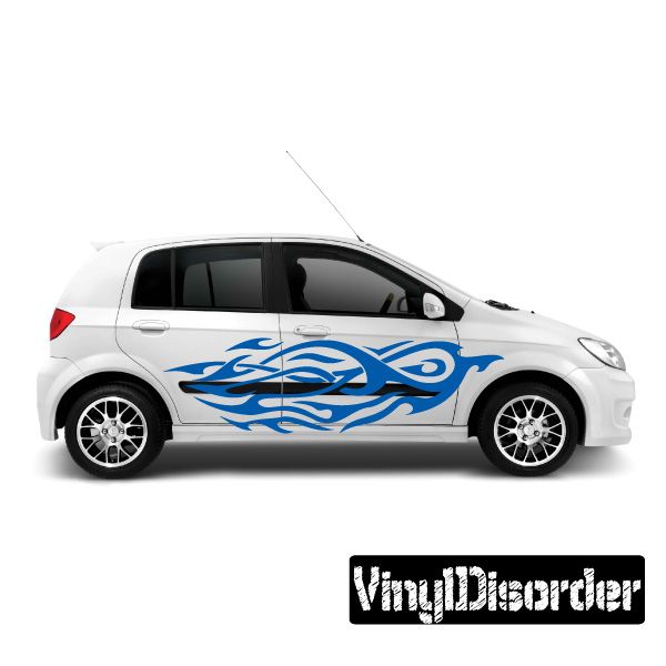 Tribal flames vinyl car decal with blue tribal pattern on car door