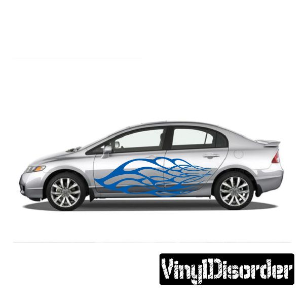Silver car side with blue tribal flames vinyl decal
