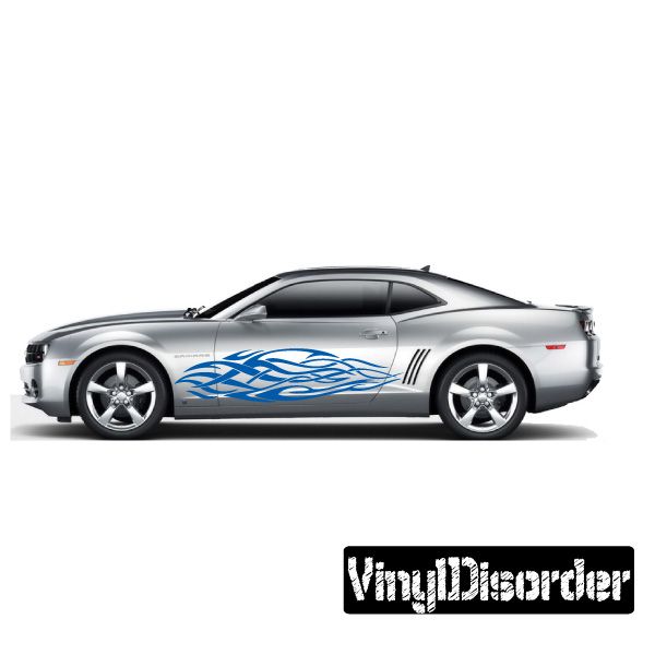 Tribal flame vinyl decal in blue with black and white tribal swirl