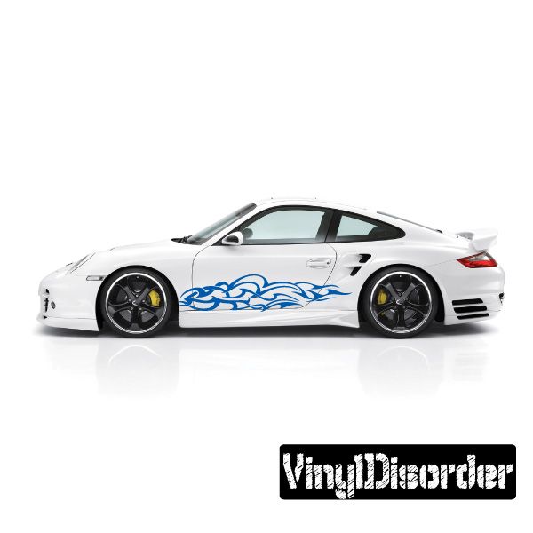 Blue tribal flame vinyl decal on side of white sports car