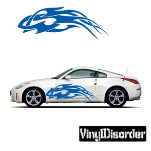 Blue tribal flame vinyl decal for car, with curved flame graphic on white vehicle