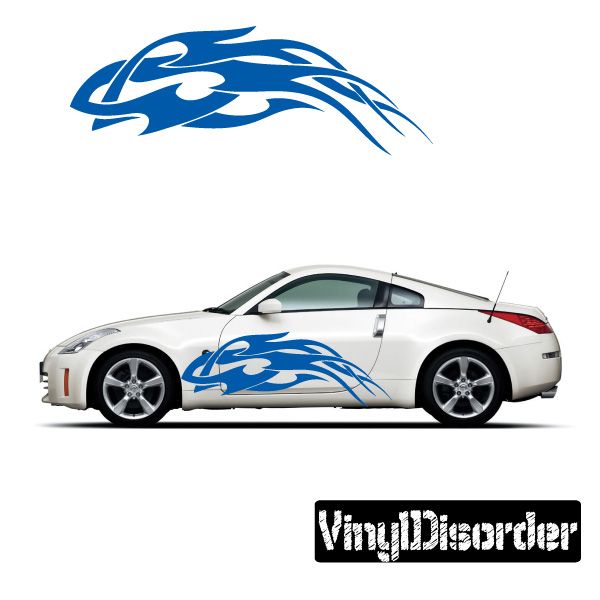 Blue tribal flame vinyl decal for car, with curved flame graphic on white vehicle