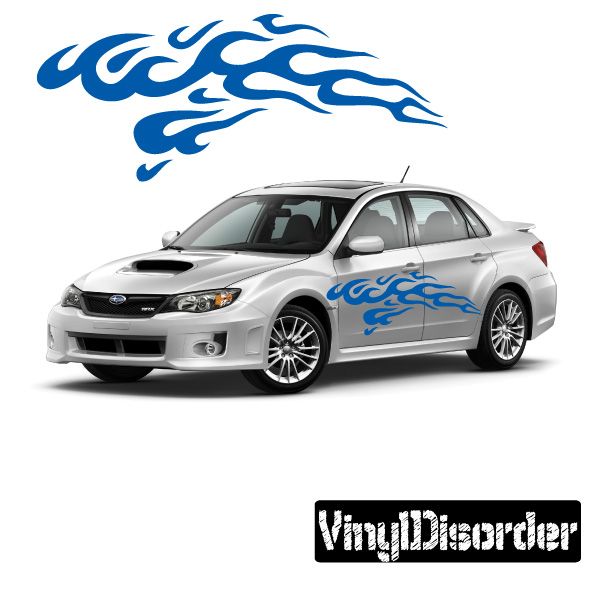 Blue tribal flame vinyl decals on car hood and side panel