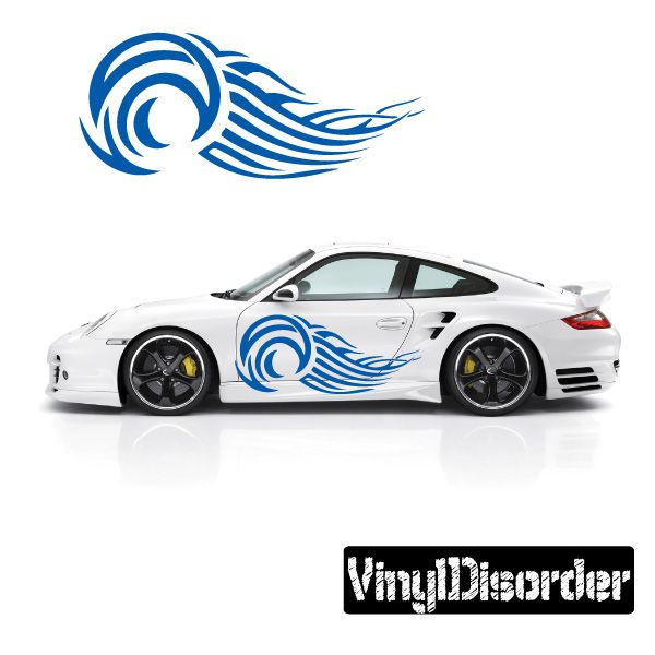 Blue tribal flames vinyl decal in swirl flame shape for vehicle doors