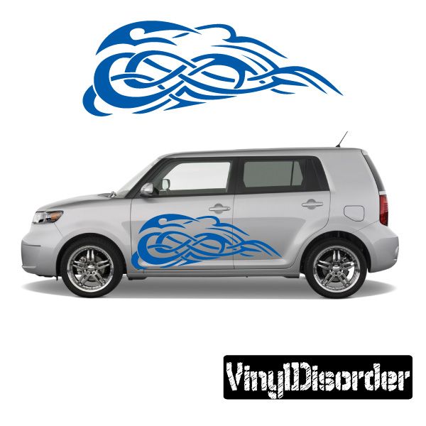 Blue tribal flame decal on car side door, vinyl flame design