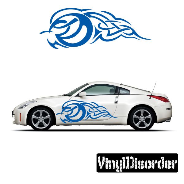 Tribal flames vinyl car decal, blue tribal swirl flames for vehicle side
