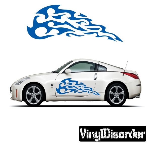 Tribal flames vinyl car decal in blue on a white car door