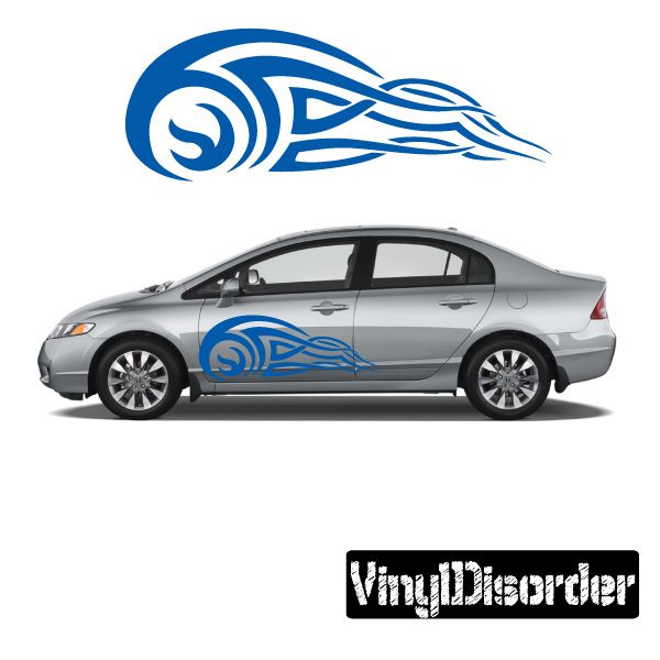 Blue tribal flame vinyl decal on car side door with swirling flame pattern