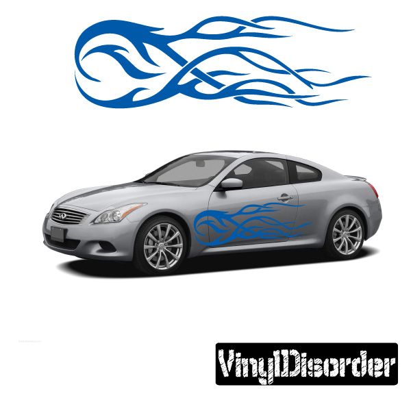 Blue tribal flame vinyl decal with swirling flame design for car or wall