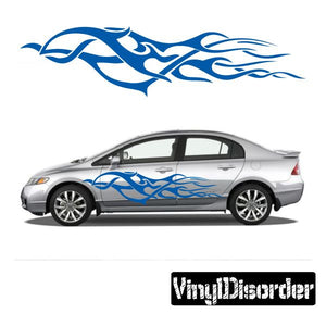 Tribal flame vinyl car decal with blue flame stripe across vehicle side