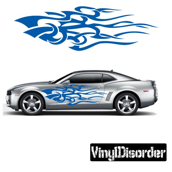 Tribal flames vinyl car decal with blue swirl flames on vehicle side
