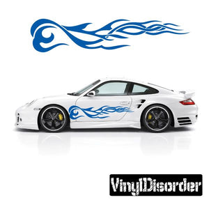 Blue tribal flames vinyl decal with wave pattern for car or wall