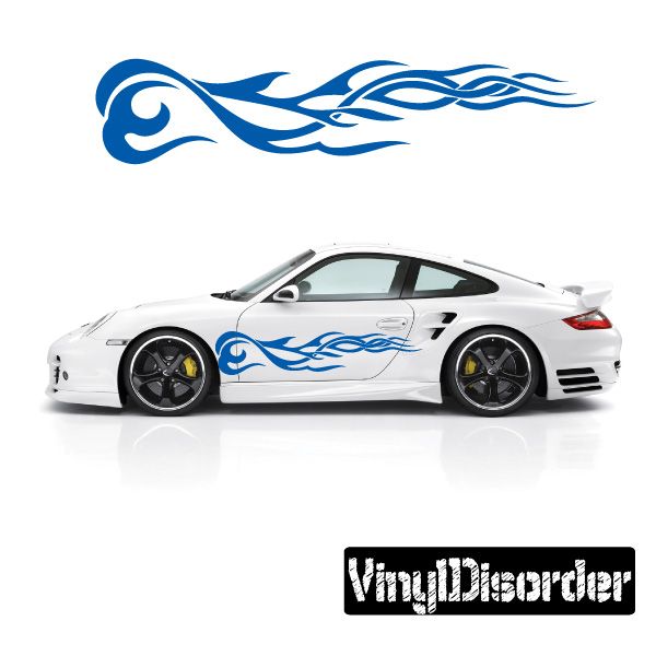 Blue tribal flames vinyl decal with wave pattern for car or wall