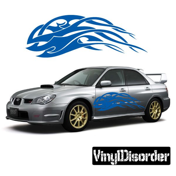 Blue tribal flame vinyl car decal for doors, bold flame swirl design