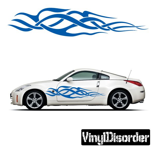 Tribal flame vinyl car decal with blue swirling flames on white car door panel