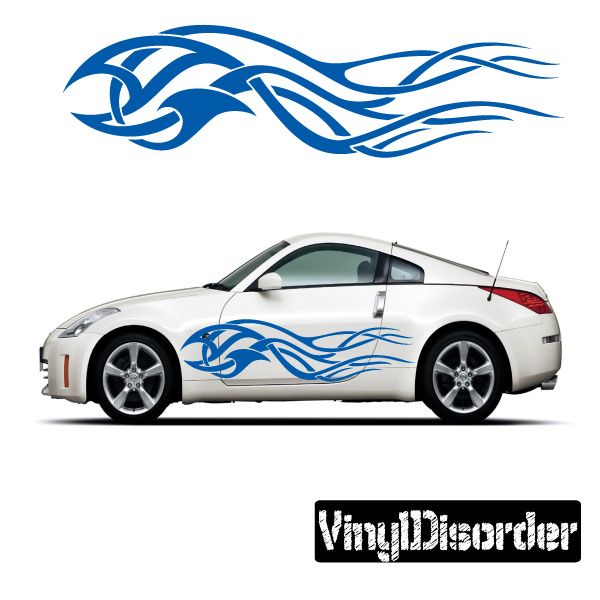 Tribal flame vinyl car decal, blue tribal flame stripe on white sports car