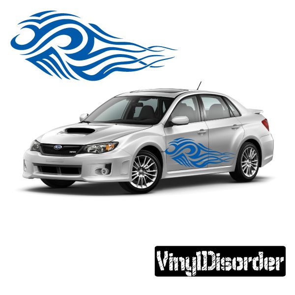 Blue tribal flame vinyl decal set on car door, with swirl flame pattern