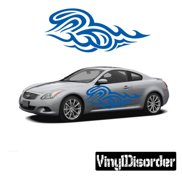 Blue tribal flame vinyl decal with swirling wing design for cars or walls