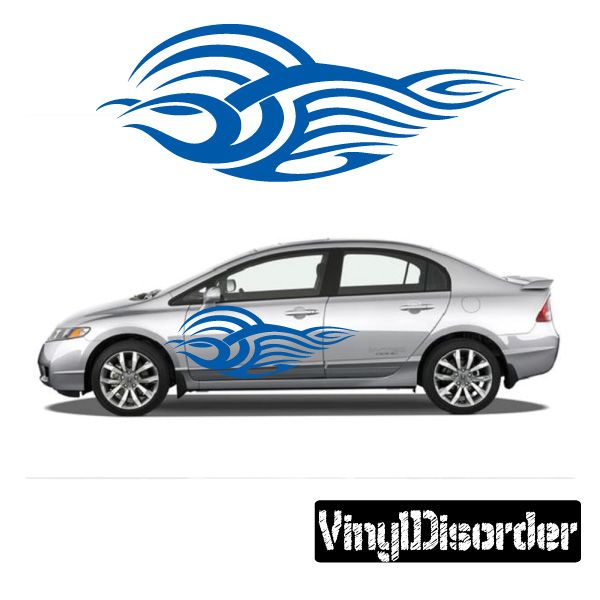 Blue tribal flame vinyl decal with flame-wing design for car doors