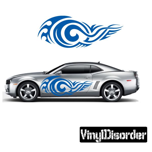 Blue tribal flame vinyl decal with wave swirls and arrow tip, car side graphic