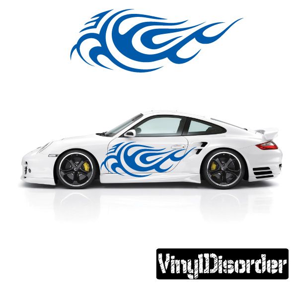 Tribal flame vinyl decal in blue swirl, sticker with flame-like tribal pattern