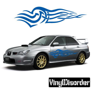 Blue tribal flame decal with swirl lines for car or wall, vinyl sticker