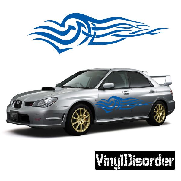 Blue tribal flame decal with swirl lines for car or wall, vinyl sticker