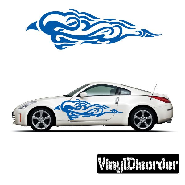 White car with blue tribal flame vinyl decal on side panel and hood