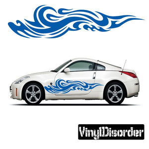White car with blue tribal flame vinyl side decals on doors and fenders
