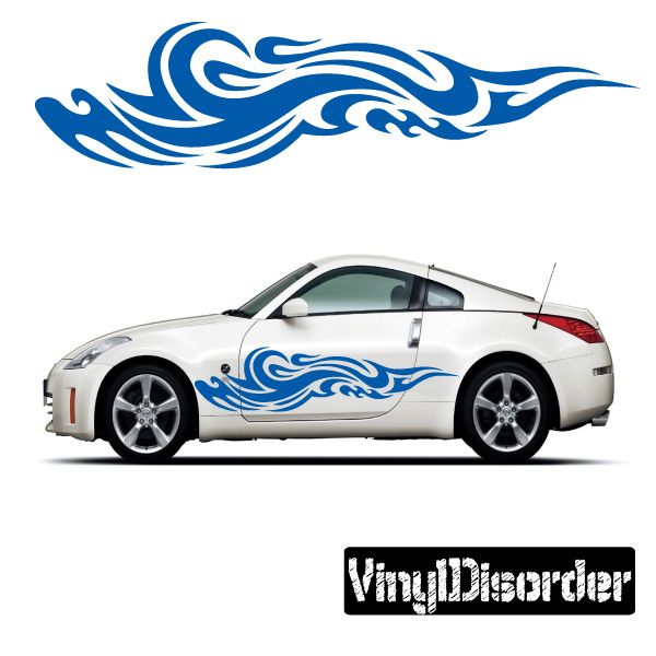 White car with blue tribal flame vinyl side decals on doors and fenders