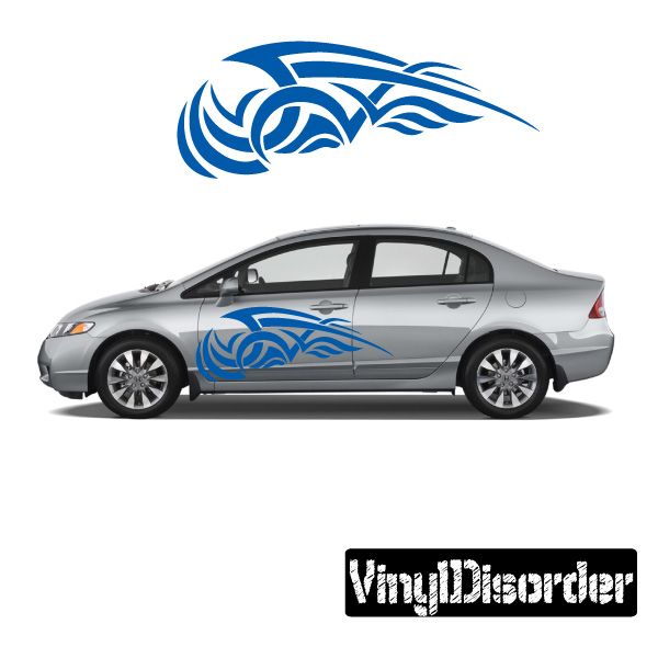 Blue tribal flame vinyl decal set on car side, swirl and wave flame design