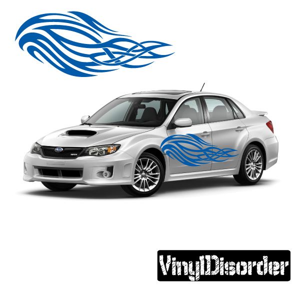 Blue tribal flame vinyl decal for car, shown on hood and side panel.
