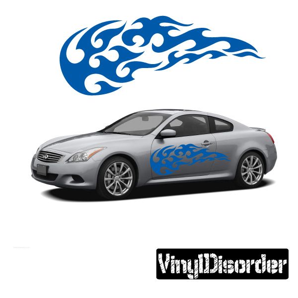 Blue tribal flame vinyl decal for car or wall, swirl flame design