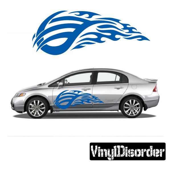 Blue tribal flame vinyl car decal with flowing swirl design for side doors