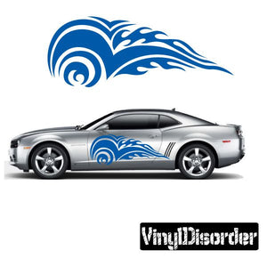 Blue tribal flame vinyl decal with wave swirl design for car or wall